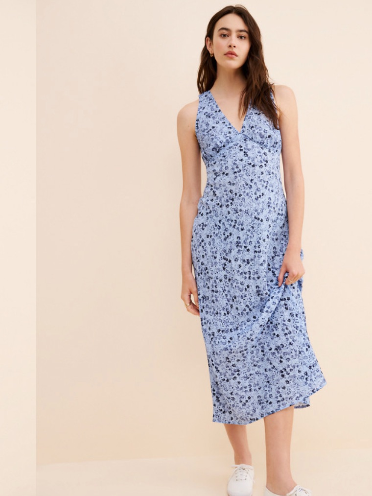 Madewell Light Blue Floral Slip Dress With Navy Print